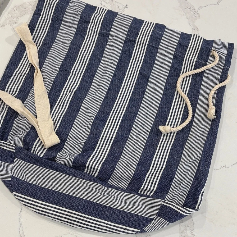 Set of 2 Striped Cotton Canvas Large Laundry Bags - Navy Blue, Grey, White